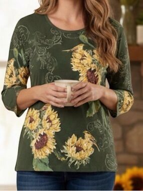 Liberty Lane Sunflower Top Large Green Floral Bird Cottagecore Artsy Boho New